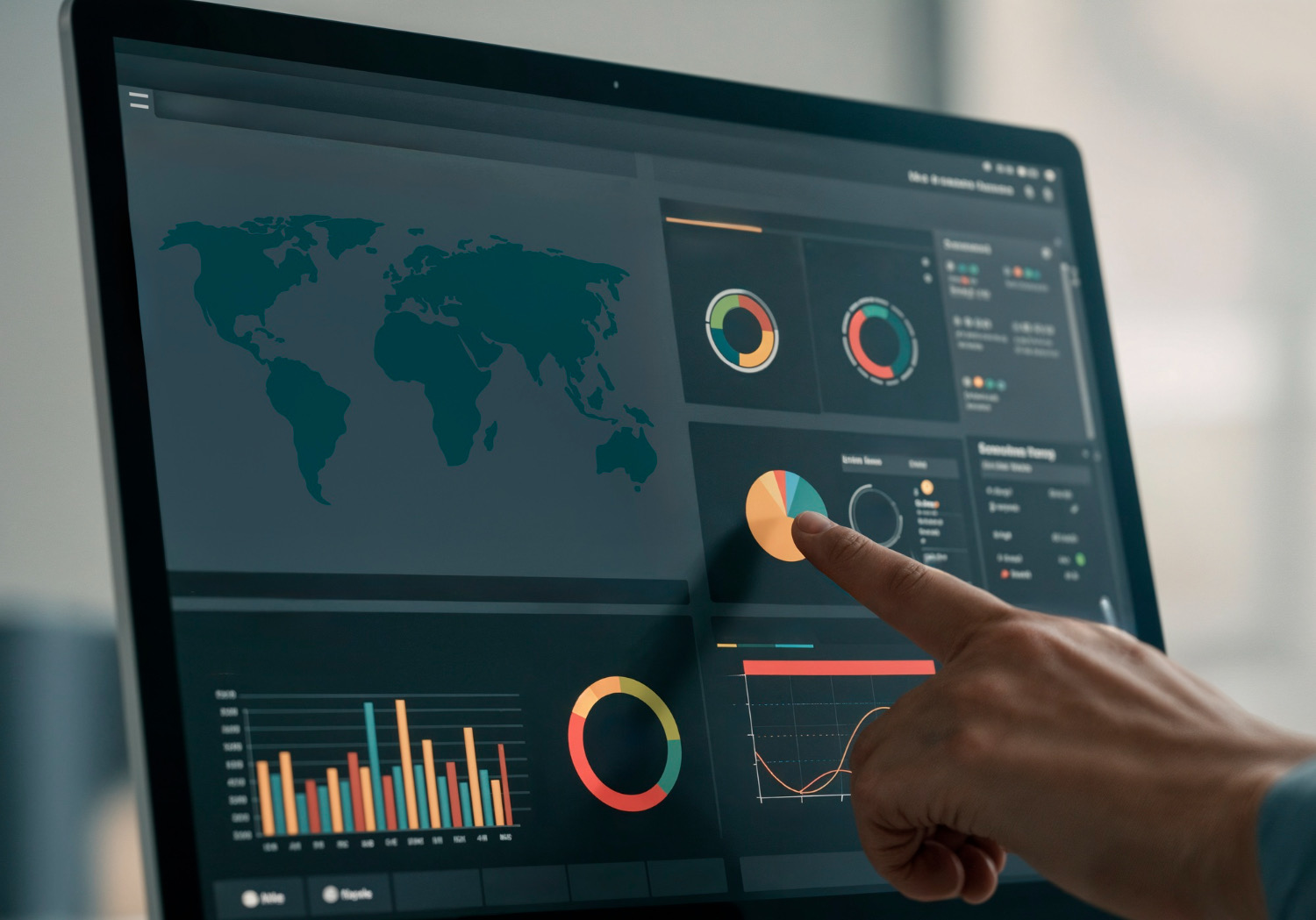 Analytics dashboard with world map, charts, and data visualizations on a dark interface